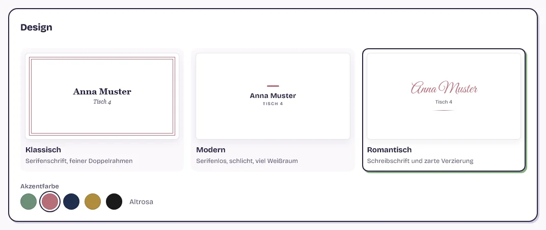 Auswahl der Designs Klassisch, Modern und Romantisch mit Farbpunkten im Schritt Drucken