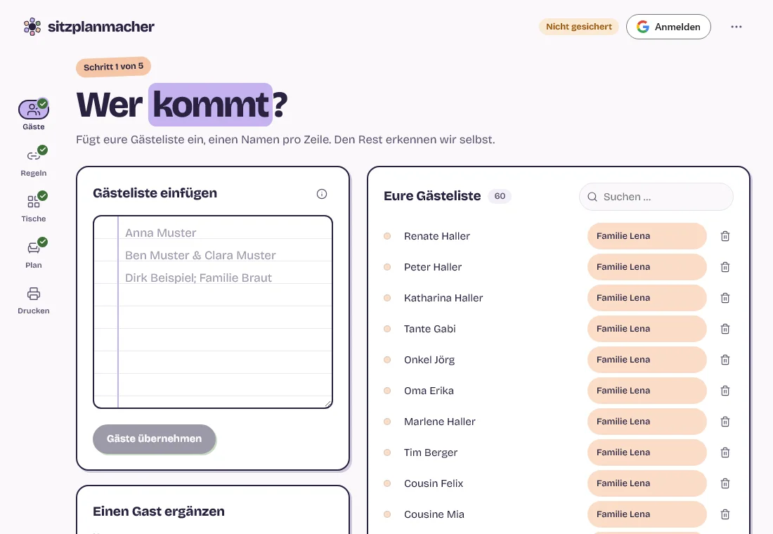 Schritt Gäste: Eingabefeld mit Gästeliste und Liste der erkannten Gäste im Sitzplanmacher